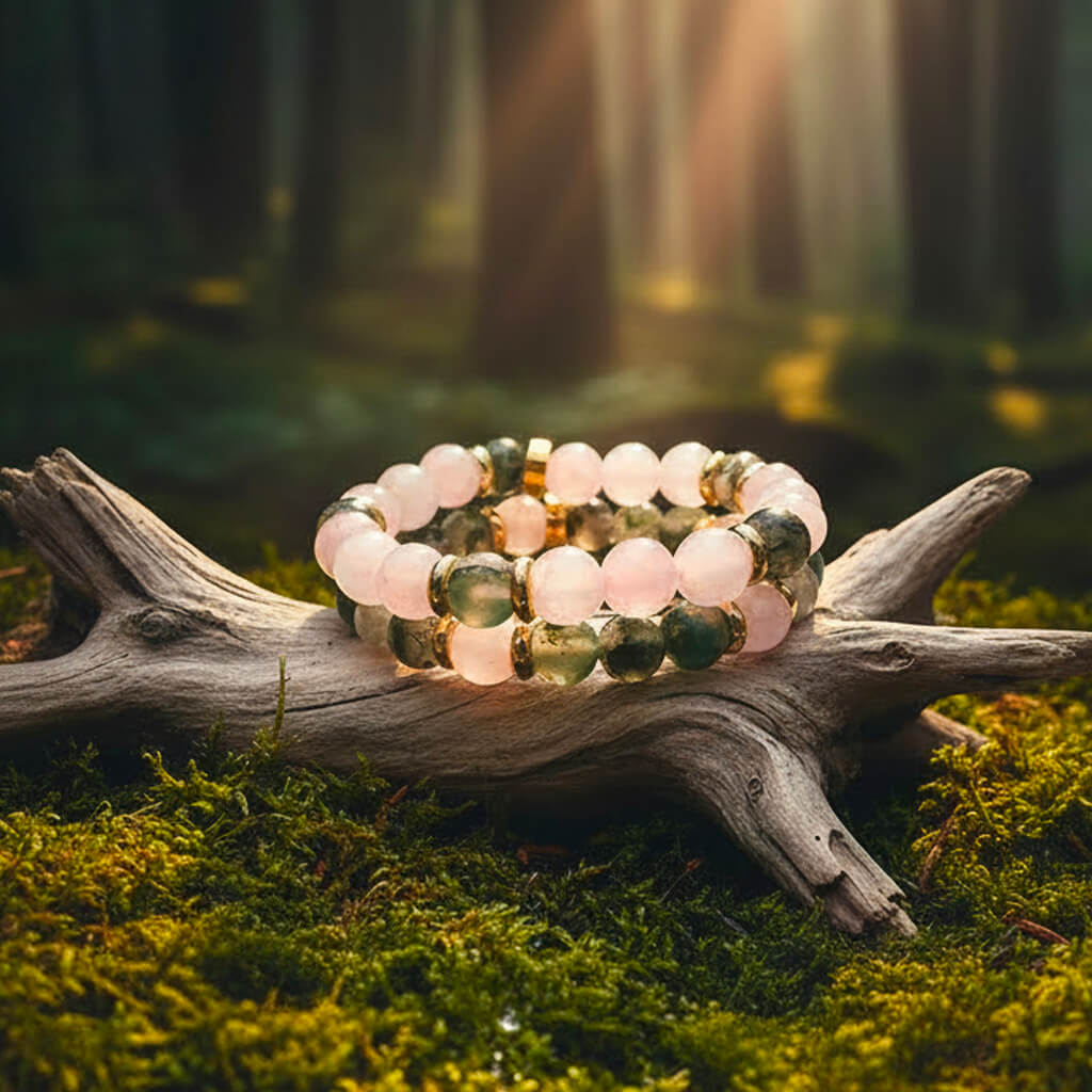 Bracelet Duo Agate Mousse & Quartz Rose Sylvëa Rosa™