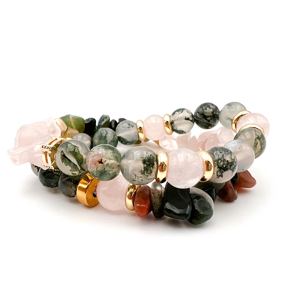 Bracelet Double Tour Agate Mousse, Agate Indienne et Quartz Rose Anahata Terra™