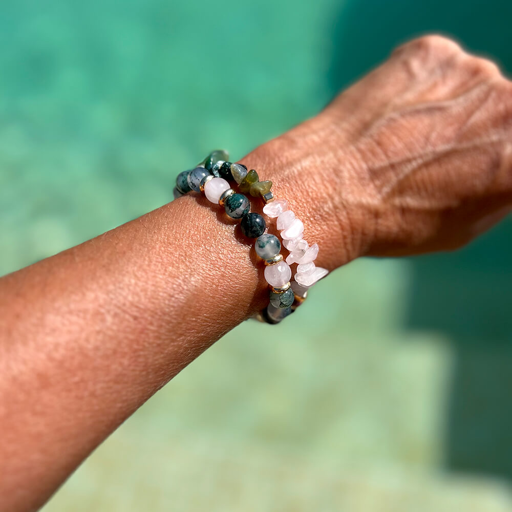 Bracelet Double Tour Agate Mousse, Agate Indienne et Quartz Rose Anahata Terra™