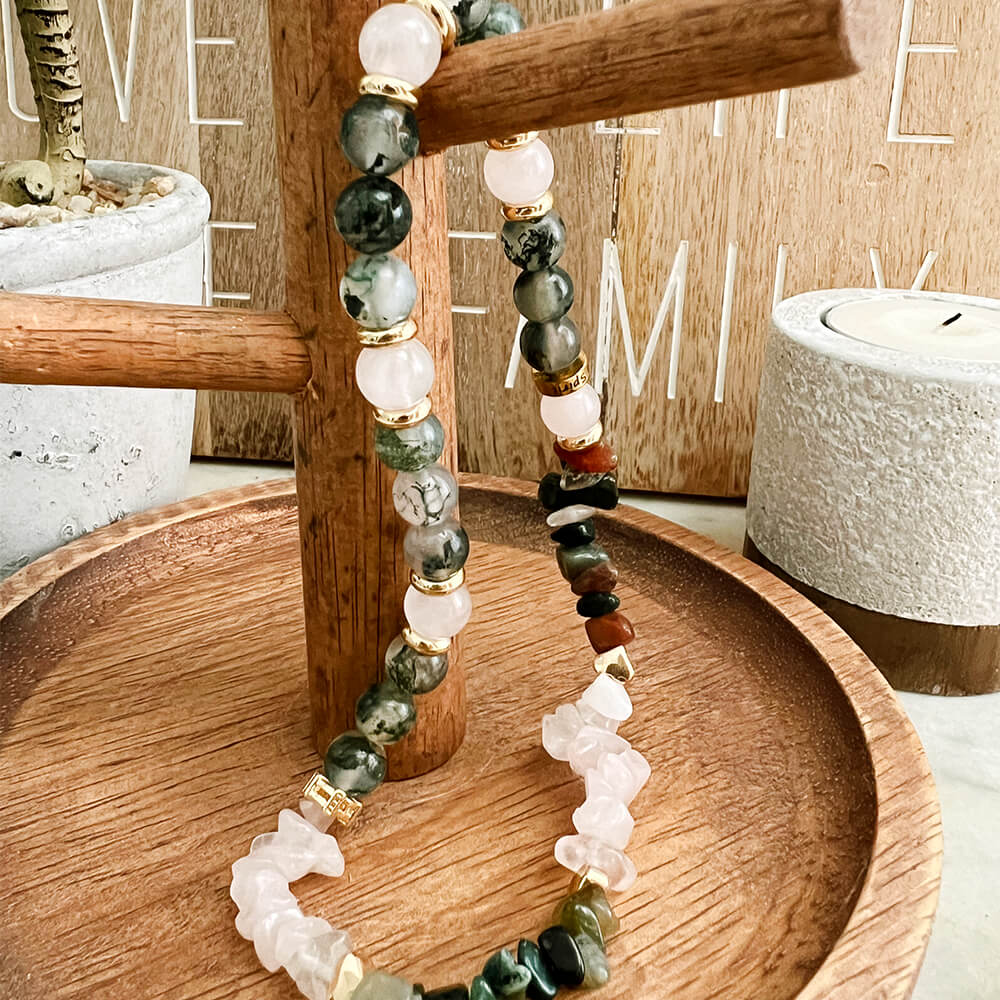 Bracelet Double Tour Agate Mousse, Agate Indienne et Quartz Rose Anahata Terra™