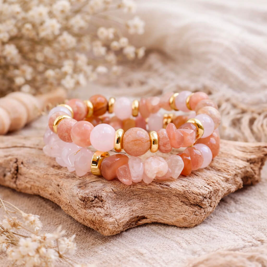 Bracelet Double Tour Quartz Rose et Pierre de Soleil Solarya™