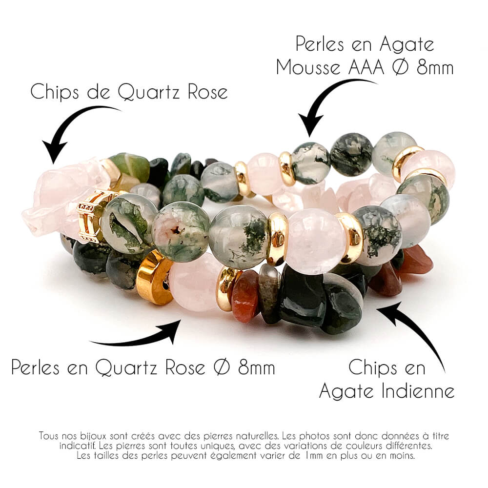 Bracelet Double Tour Agate Mousse, Agate Indienne et Quartz Rose Anahata Terra™