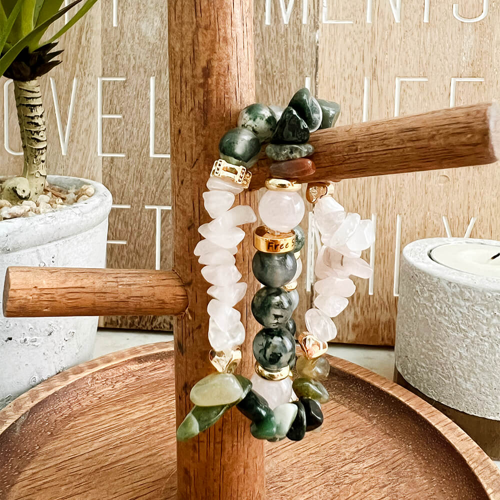 Bracelet Double Tour Agate Mousse, Agate Indienne et Quartz Rose Anahata Terra™