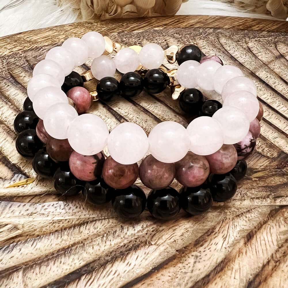Bracelet Multirang Quartz Rose, Onyx Noir, Rhodonite Harmonie du Coeur™