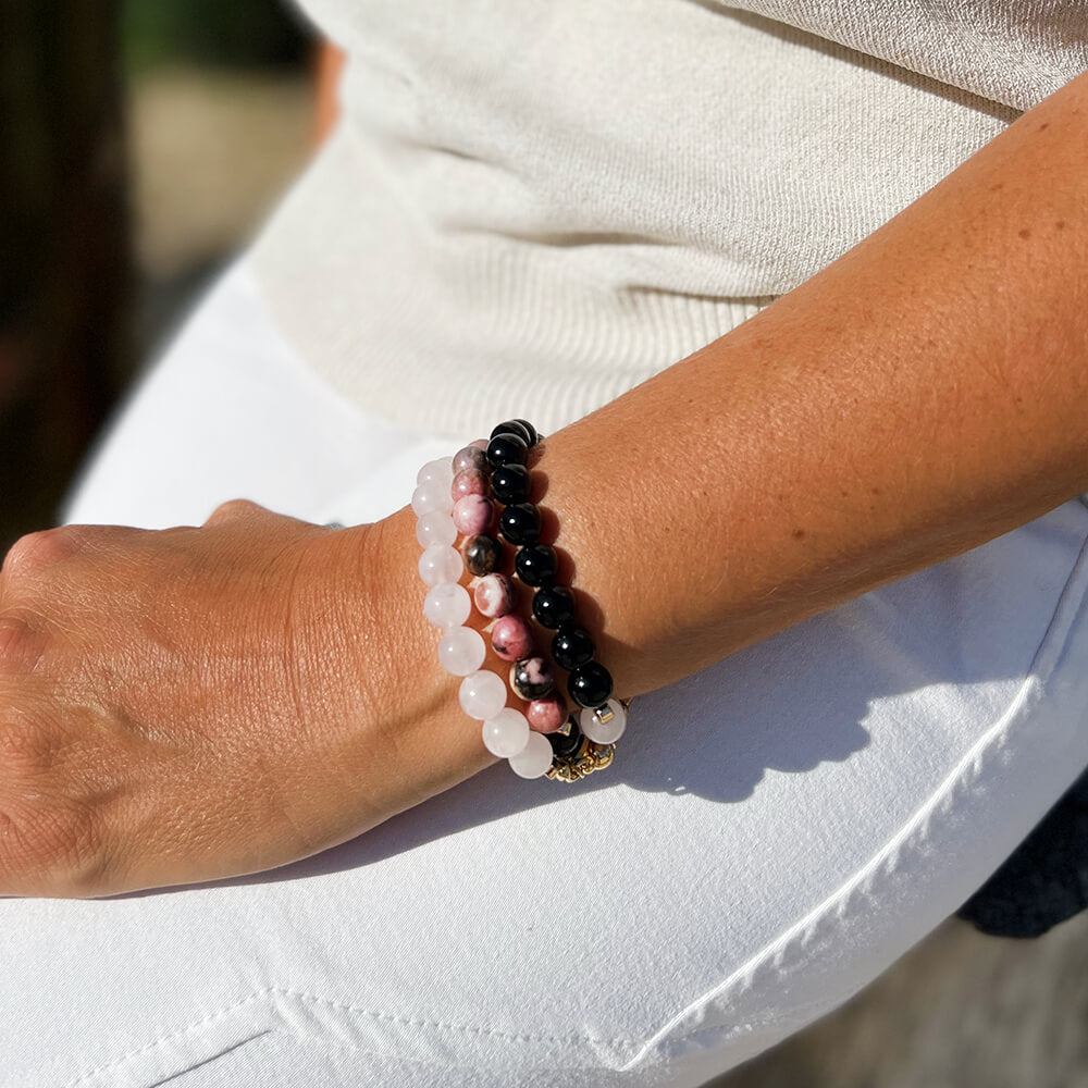 Bracelet Multirang Quartz Rose, Onyx Noir, Rhodonite Harmonie du Coeur™