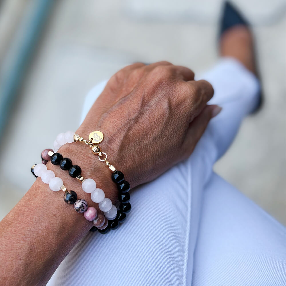 Bracelet Multirang Quartz Rose, Onyx Noir, Rhodonite Harmonie du Coeur™