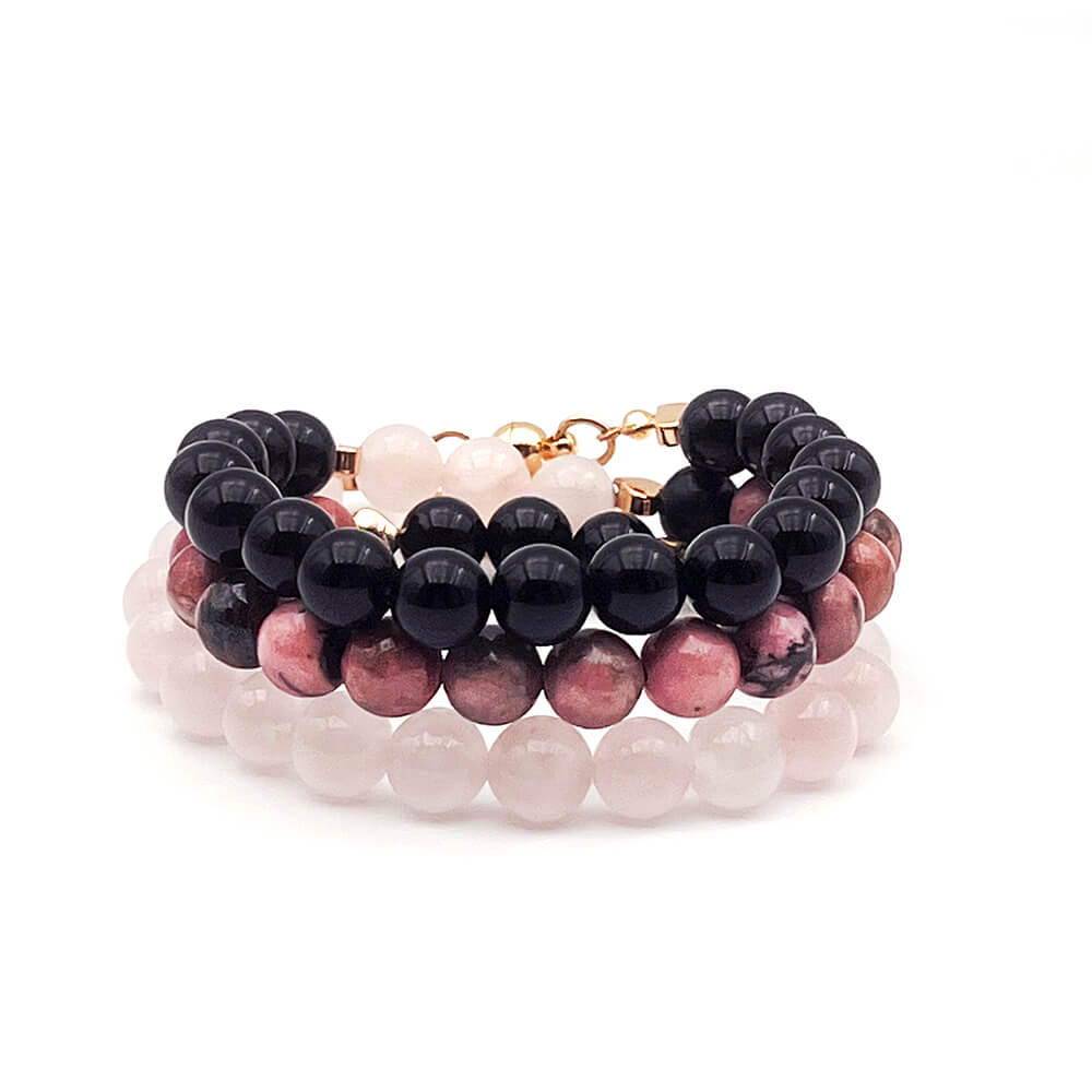 Bracelet Multirang Quartz Rose, Onyx Noir, Rhodonite Harmonie du Coeur™