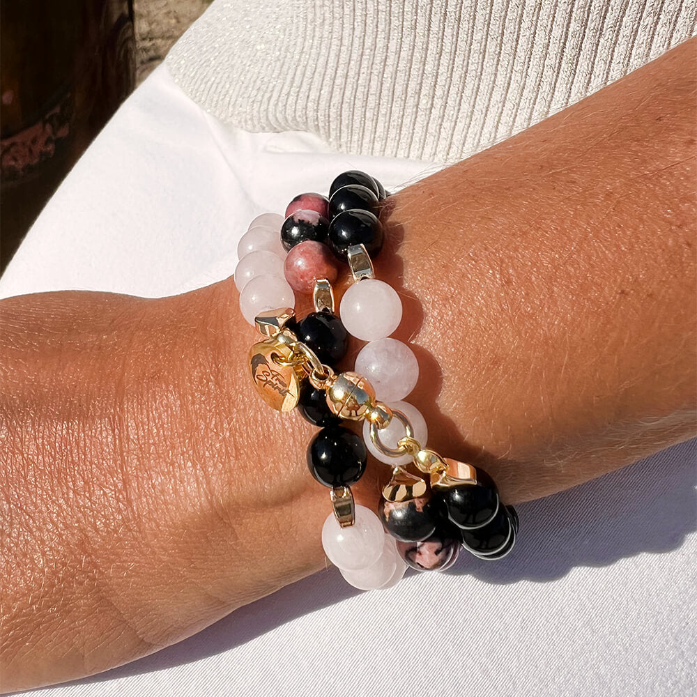 Bracelet Multirang Quartz Rose, Onyx Noir, Rhodonite Harmonie du Coeur™