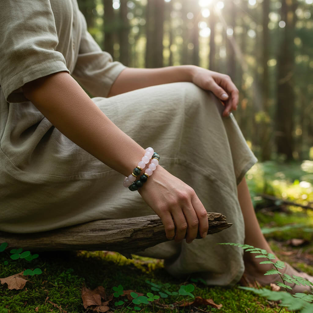 Bracelet Duo Agate Mousse & Quartz Rose Sylvëa Rosa™