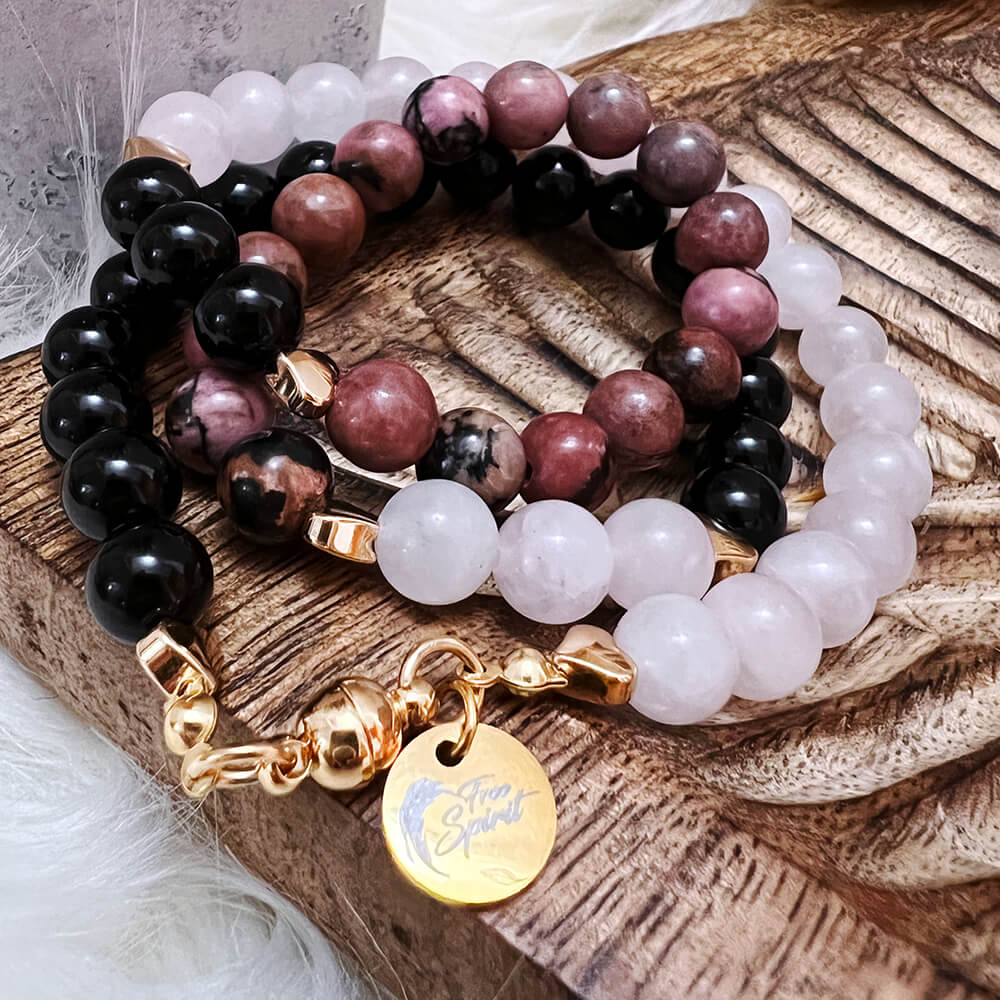 Bracelet Multirang Quartz Rose, Onyx Noir, Rhodonite Harmonie du Coeur™